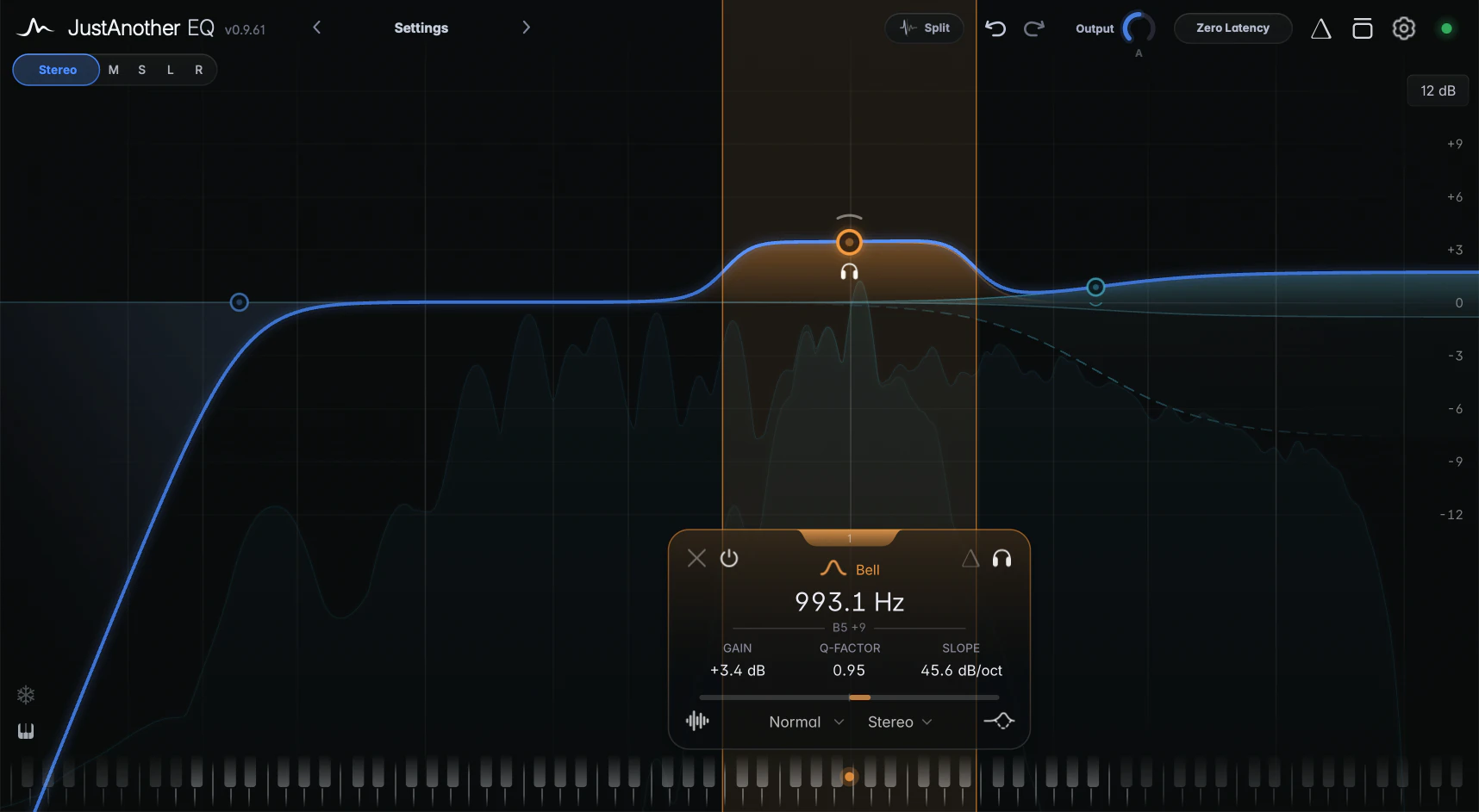 a narrow Bell band soloed, the graph dimmed outside the band's frequency span with thin vertical edge lines in the band colour, and the Solo headphones on the card lit white