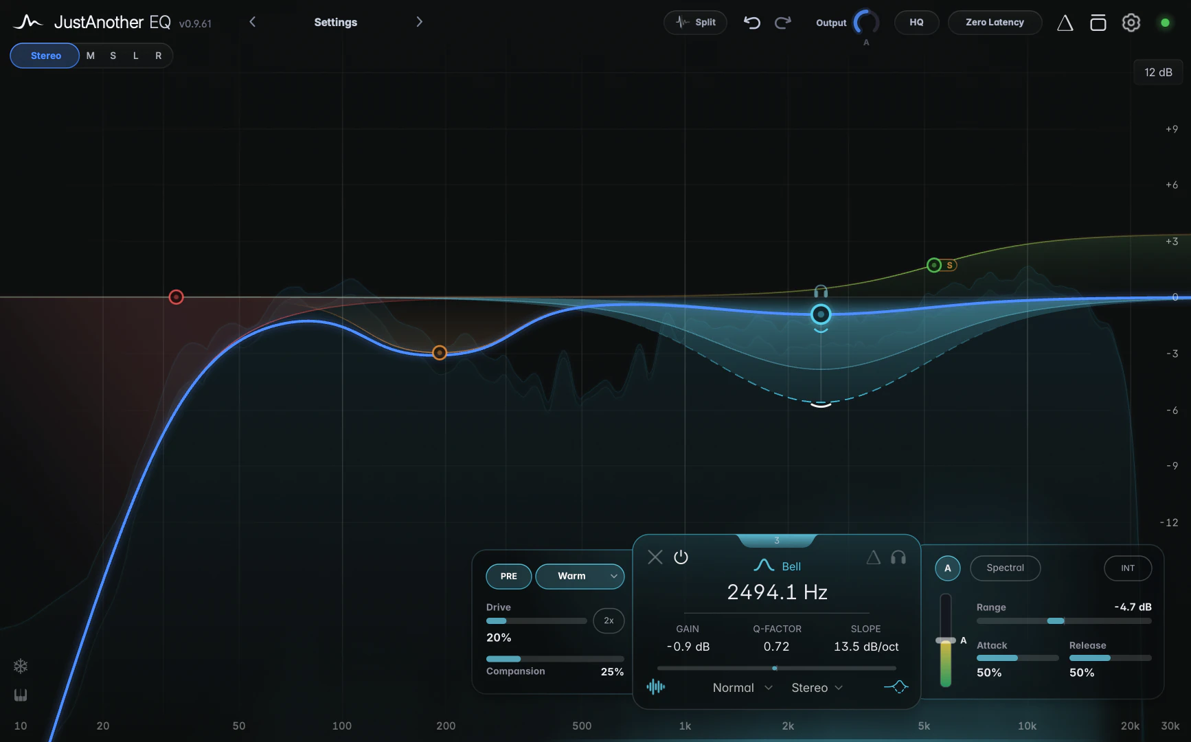the whole interface with a real mix running: several bands, one of them selected with its band card, Dynamics panel and Saturation panel open, both analyzer traces moving