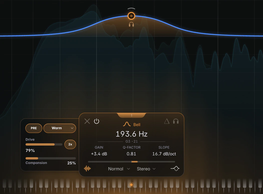 a selected Bell band with the Saturation panel open on the left of its card (PRE, "Warm", Drive around 40%, Compansion 25%); the heat glow rising from the bottom of the graph and the ember strip under the band