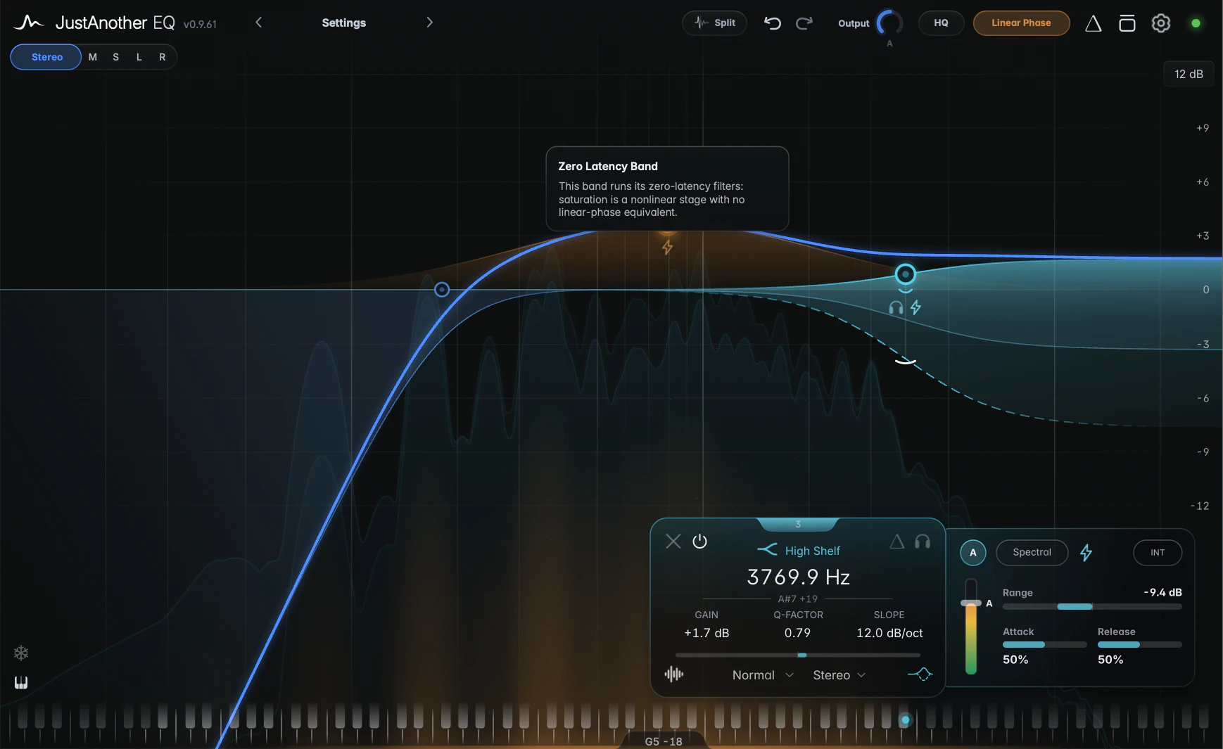 Linear Phase on, a saturated Bell and a Transient Bell (triangle node), each with the small Zero Latency icon next to its node; the pointer over the saturated band's icon with its "Zero Latency Band" hint open